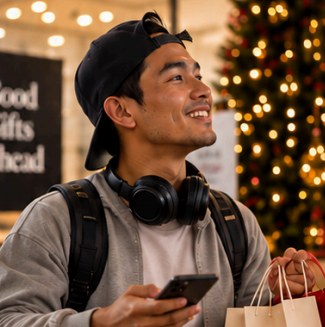 Ramon holding gift bags and his phone