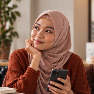 Nadia thinking, phone in hand