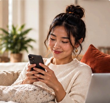 Mai smiling at her phone