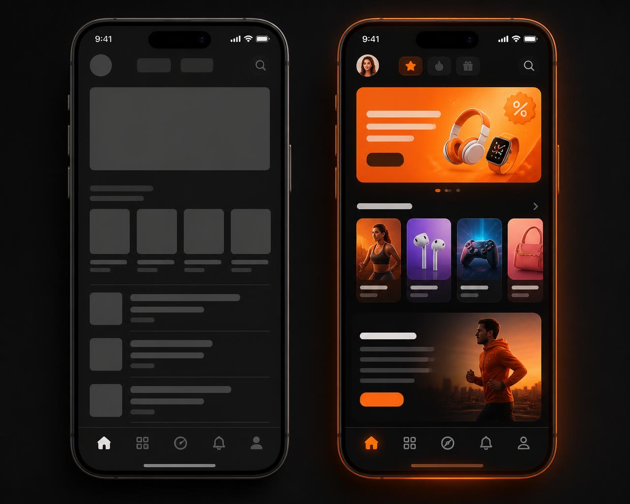 Generic app screen next to a personalized app screen with banner, carousel and text-image widgets