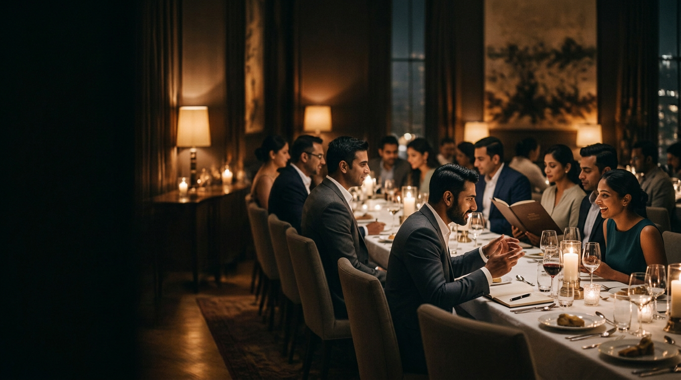 Two candlelit tables in a dim private room, guests leaning in across the tables
